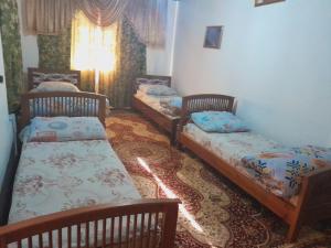 Yukary-UkhumShiringul guesthouse in nuratau mountain的一间设有三张床的房间,设有窗户