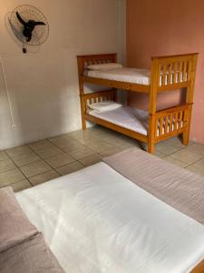 阿雷格里港Hostel do Lucca的客房设有两张双层床和风扇。