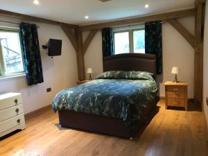 塔维斯托克Oak Lodge的一间卧室配有一张特大号床和窗户
