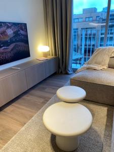 尼乌波特Luxe appartement `t Sant Nieuwpoort Bad的一间带床和电视的客厅