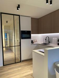 尼乌波特Luxe appartement `t Sant Nieuwpoort Bad的厨房配有冰箱和水槽