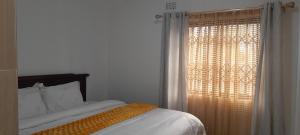 布兰太尔PGD Homes & Lodges的一间卧室配有床和带窗帘的窗户