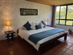 卡拉尔卡Finca Hotel Sol Y Luna的一间卧室配有一张带蓝色枕头的大床