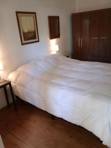 蒙得维的亚Casa Bruniel的卧室内的一张大白色床,配有两盏灯