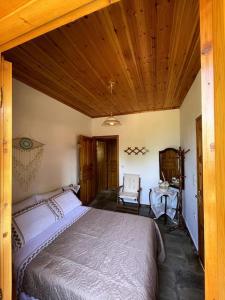 Anilio PelionΒίλα Αγάπη的一间卧室设有一张大床和木制天花板