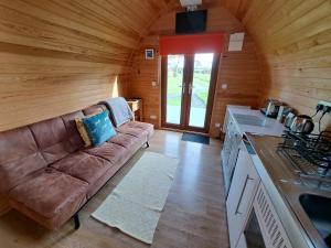 特鲁罗Robin- Ensuite Glamping Pod的小木屋内带沙发的客厅