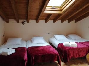 布尔内斯El Caleyon的客房设有两张带红色床单的床和窗户。