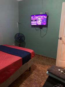 格拉西亚斯Casa hotel Aguas Termales的卧室配有一张床,墙上配有电视。