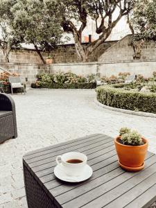 戈韦阿Quinta Costa da Estrela的坐在木桌边喝杯咖啡