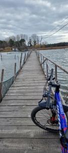 TaleGuesthouse Gjegji的停在水边的木码头上的自行车