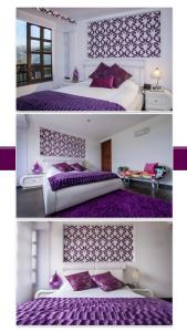 萨兰托雷塞尔瓦莫纳尔卡酒店的紫色卧室两张照片,配有一张床
