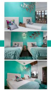 萨兰托雷塞尔瓦莫纳尔卡酒店的两张照片,房间内有两张床