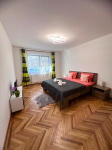 克卢日-纳波卡Camelia's Apartment的一间卧室配有一张床,铺有木地板