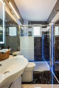 罗希姆诺Arcade central retro apartment的一间带水槽、卫生间和淋浴的浴室