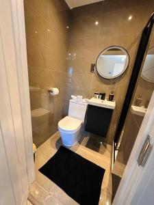 伯明翰R2 - Newly renovated Luxury Private En-Suite Room in Harborne Park Road - Birmingham的一间带卫生间、水槽和镜子的浴室