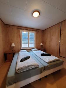 图恩Chalet Nature Park "Apartment Thun"的一间卧室设有两张床和窗户。