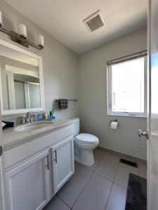 克利夫兰Luxury Downtown Townhome Unit 13的一间带卫生间、水槽和镜子的浴室