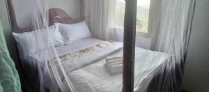 卡巴莱Ruhija Gorilla Guest House的白色天蓬床、白色枕头和窗户
