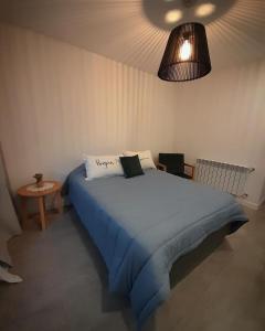 马德普拉塔La Cayetana的一间卧室配有一张蓝色的床、一盏灯和一张桌子