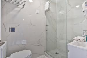 蒙特利尔Parc Avenue Lofts的带淋浴、卫生间和盥洗盆的浴室