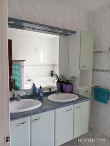 圣勒Chambre Vue sur Mer的一间带两个盥洗盆和大镜子的浴室