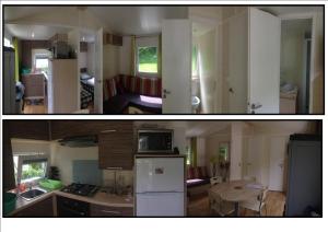 SaligosCamping Happy Pyrénées的厨房和客厅的两张照片