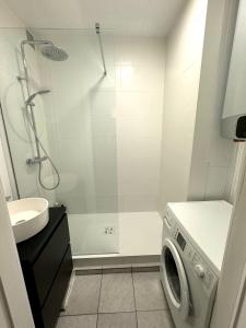 安特卫普Cosy and Fully Equipped Apartment near Antwerp的一间带洗衣机和水槽的浴室