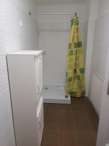 FelsőtoldKontyos Vendégház的浴室设有白色冰箱和黄色的浴帘