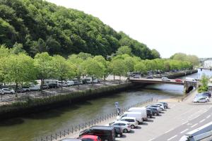 坎佩尔Les rives de l'odet, vue rivière的停在河边的一排汽车