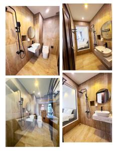 富国Legacy Phú Quốc的带淋浴和盥洗盆的浴室的三幅照片