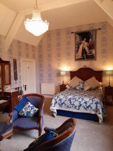 哈佛威斯特St David's Guesthouse的一间卧室配有一张床、椅子和吊灯