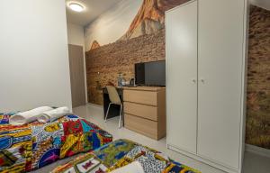 波兹南Soul Poznan的一间卧室配有一张床和一张书桌及电视