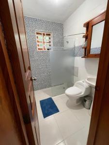 HigueyApartaHotel El Bonao的一间带卫生间和蓝色地毯的浴室