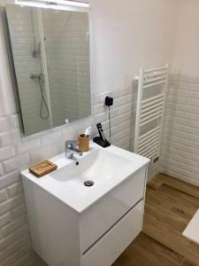 科尔特Magnifique Studio dans Résidence neuve的白色的浴室设有水槽和镜子