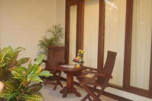 沙努尔格鲁卡亚民宿的种植了植物的阳台,配有一张木桌和椅子