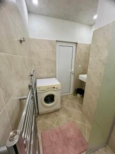 IgnatievoКъща Спирови的小型浴室内的洗衣机和烘干机