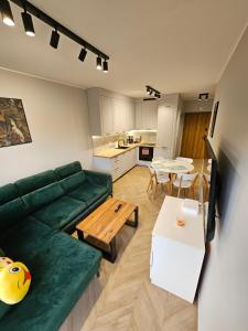 皮拉Apartament Konstancji的客厅配有绿色沙发和桌子