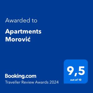 佩特坎内Apartments Morović的蓝色的屏幕,上面有给申请者莫洛科的文本