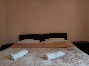 梅斯蒂亚Sunny的床上的两条毛巾和两个枕头