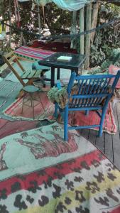 AbancayLA CASA DEL ÁRBOL ABANCAY的一张野餐桌和一张蓝色长椅,坐在地毯上
