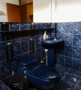 阿亚库乔Duplex amoblado en el corazón de Ayacucho的蓝色的浴室设有卫生间和水槽