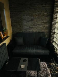 克拉约瓦Lovely 1 bedroom flat in a 2 ground floor house的客厅配有一张黑色沙发,设有一张桌子