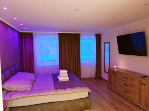 索克莱克Góry Sowie przystanek DAD HOUSE的紫色卧室配有一张床和一台平面电视