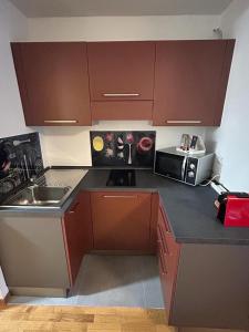 利莫内皮埃蒙特Giappetto House的厨房配有棕色橱柜、水槽和微波炉