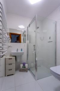 克罗奇琴科Willa Grono的带淋浴和盥洗盆的白色浴室