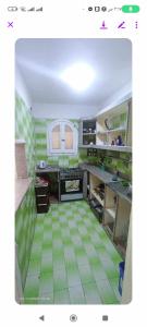 阿里什فيلا دوبلكس على البحر مباشره的厨房铺有绿色和白色的瓷砖地板。