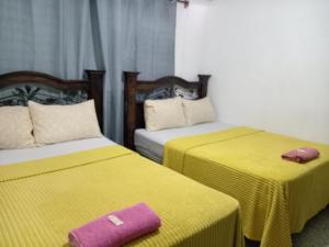 危地马拉Historico maya的两张带黄床单和紫色毛巾的床