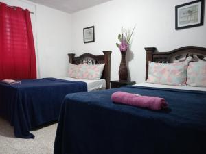 危地马拉Historico maya的一间设有两张蓝色和粉色床单的房间