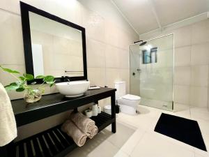 阿瓦鲁阿Tereora Heights Pool Retreat的一间带水槽、卫生间和镜子的浴室