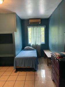 Coxen HoleNo Regrets的一间卧室设有蓝色的墙壁、一张床和一张书桌